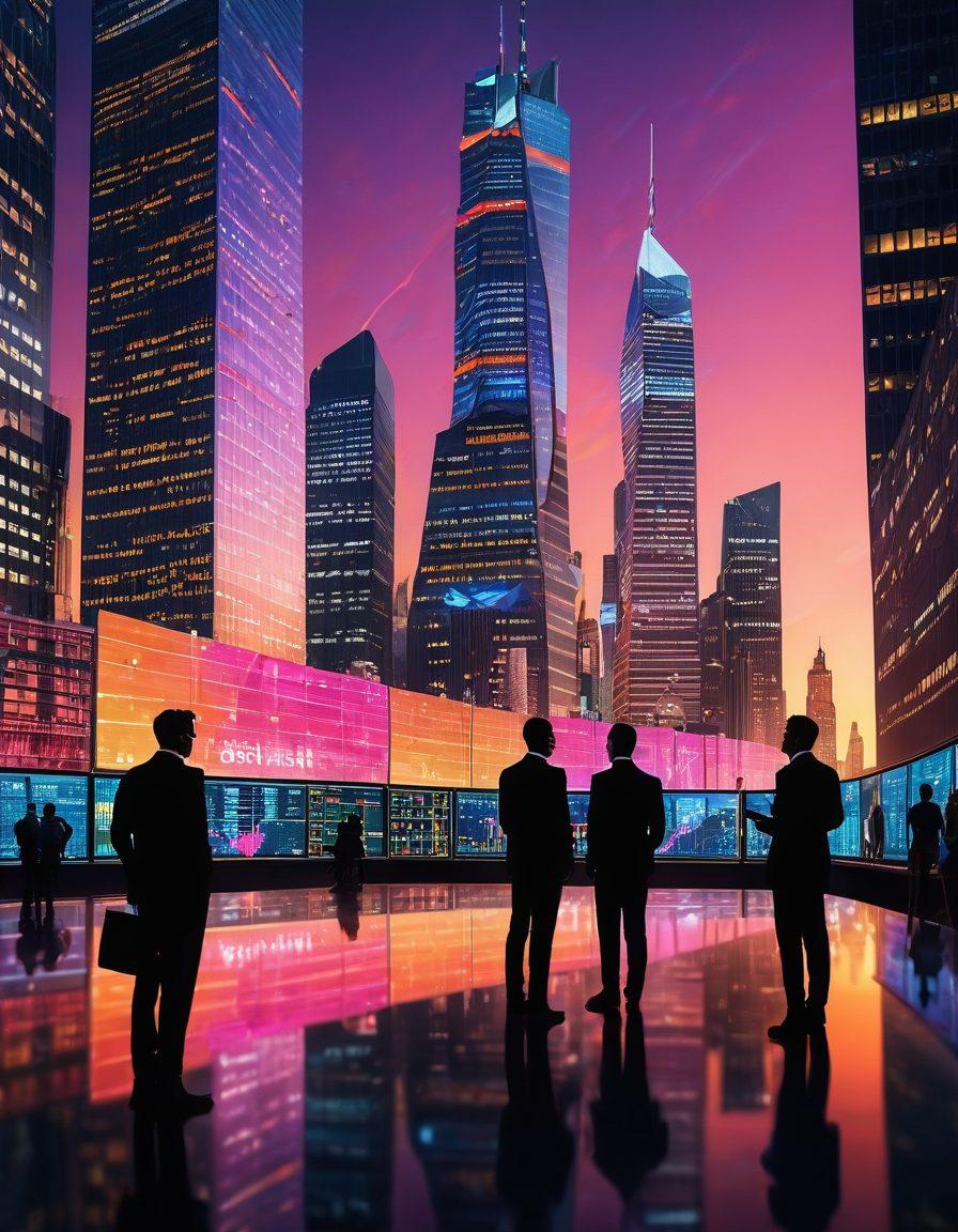 A dynamic cityscape representing modern financial markets, with skyscrapers displaying stock tickers, diverse traders analyzing graphs and charts, and currency symbols floating around. Incorporate a vibrant sunset backdrop to symbolize growth and opportunity, with elements of digital technology like holographic screens and algorithms. super-realistic. vibrant colors. 3D.
