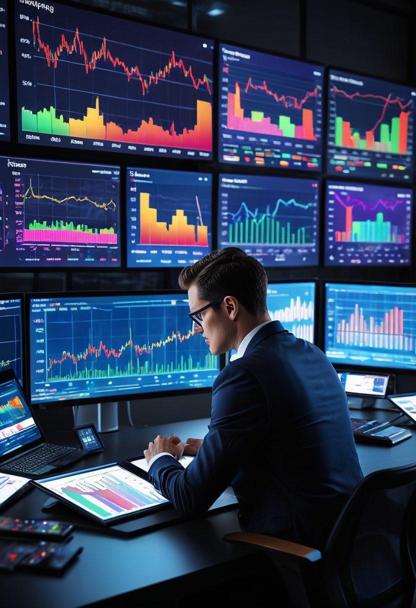 A savvy investor analyzing market trends on multiple screens, surrounded by colorful graphs and charts showing fluctuations in stock prices. The background should feature elements of a bustling financial market, with an overlay of modern technology like tablets and smartphones. The scene should radiate a sense of focus and determination, embodying investment strategy and modernity. super-realistic. vibrant colors. dynamic composition.