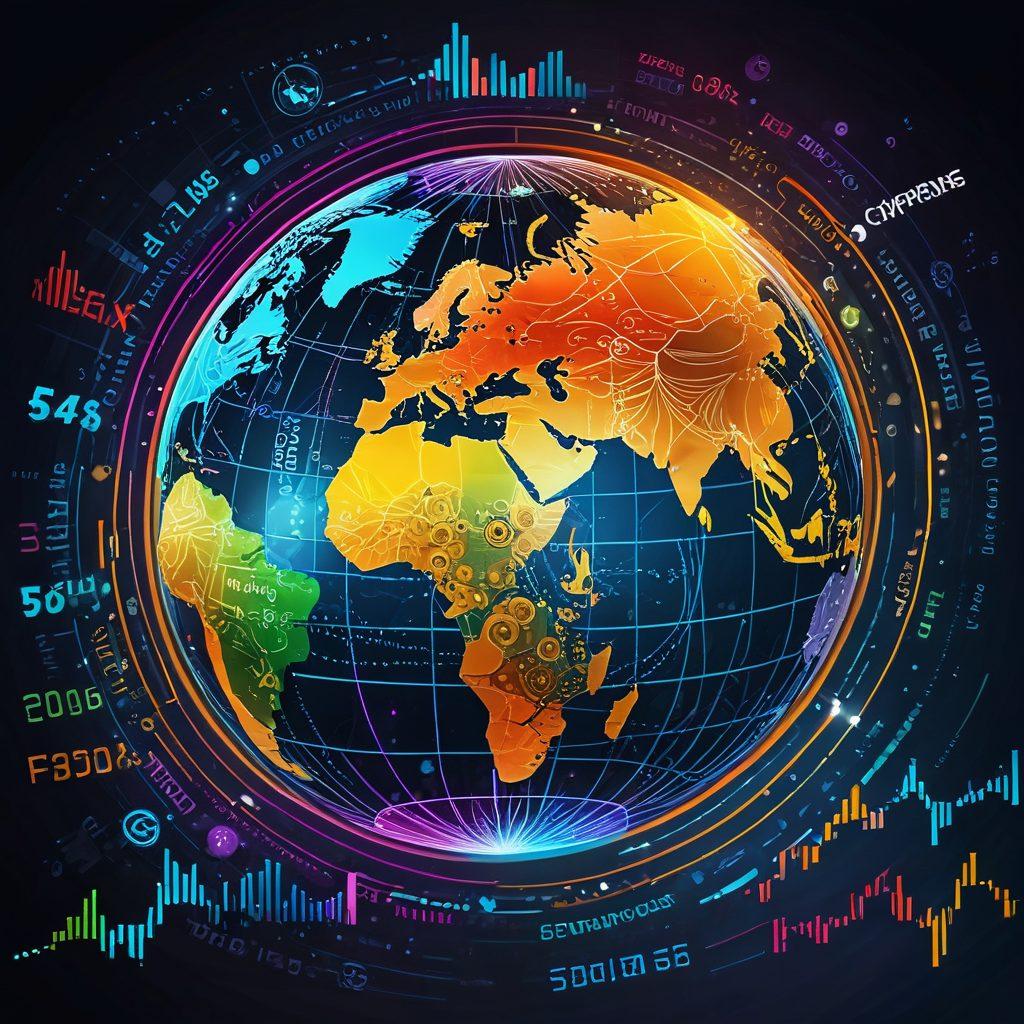 A dynamic visual collage featuring elements of Forex trading charts, vibrant cryptocurrency coins, and stock market ticker symbols, all intertwined in a swirling pattern to represent trends. Include a stylized globe to signify global trading connections. Use bright, engaging colors to capture attention and evoke excitement about trading opportunities. super-realistic. vibrant colors. digital art.